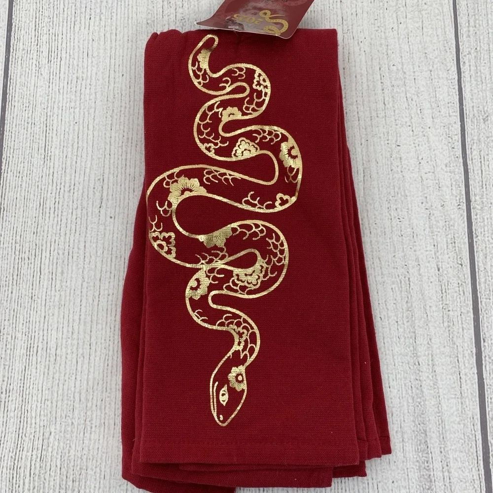 Chinese Lunar New Year Kitchen Towels (Set of 2) Red Gold Snake 2025 Cotton